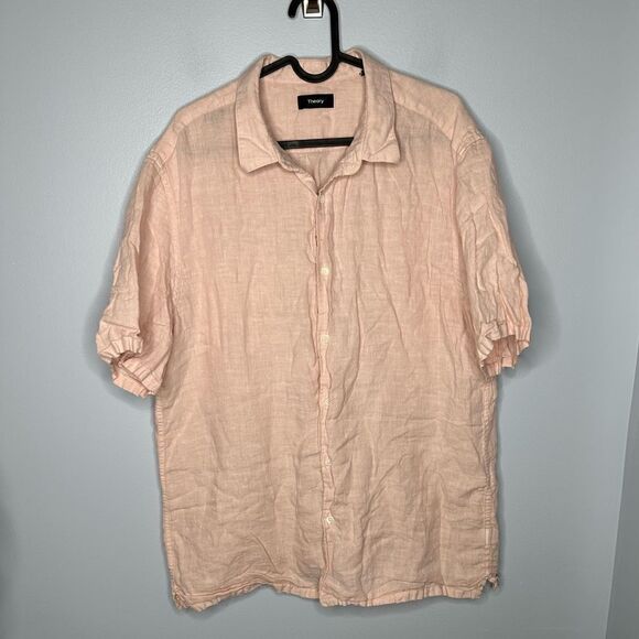 Theory Men's Irving Short Sleeve Summer 100% Linen Button down  Shirt Peach XL - Picture 3 of 6